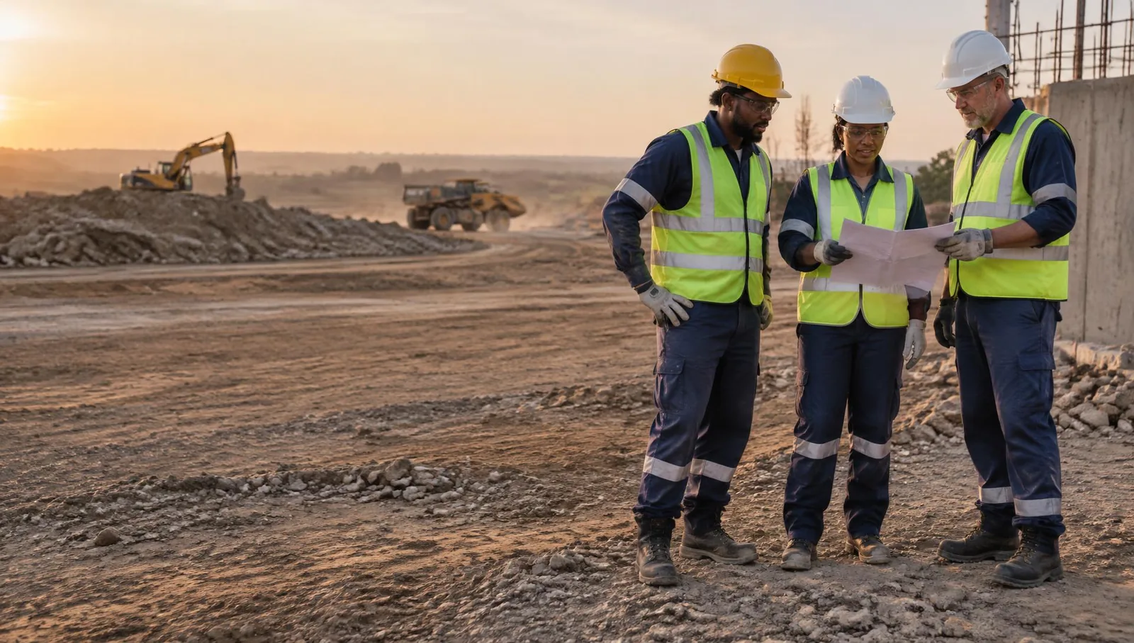 A team wearing high-visibility workwear, hard hats, safety glasses and boots on a South African construction site